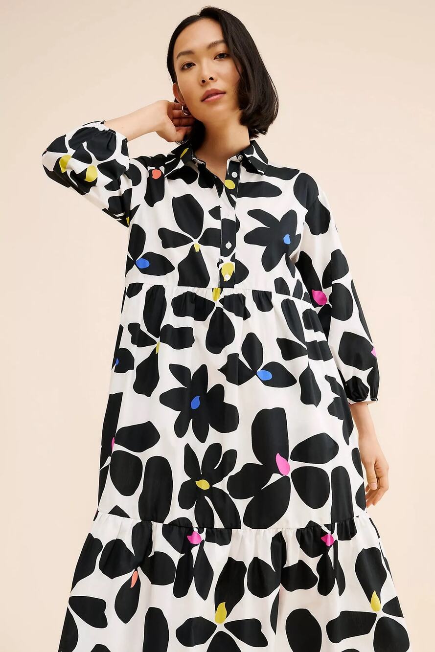 ANTHROPOLOGIE MAEVE sz S The Bettina shirt dress in black white floral EUC